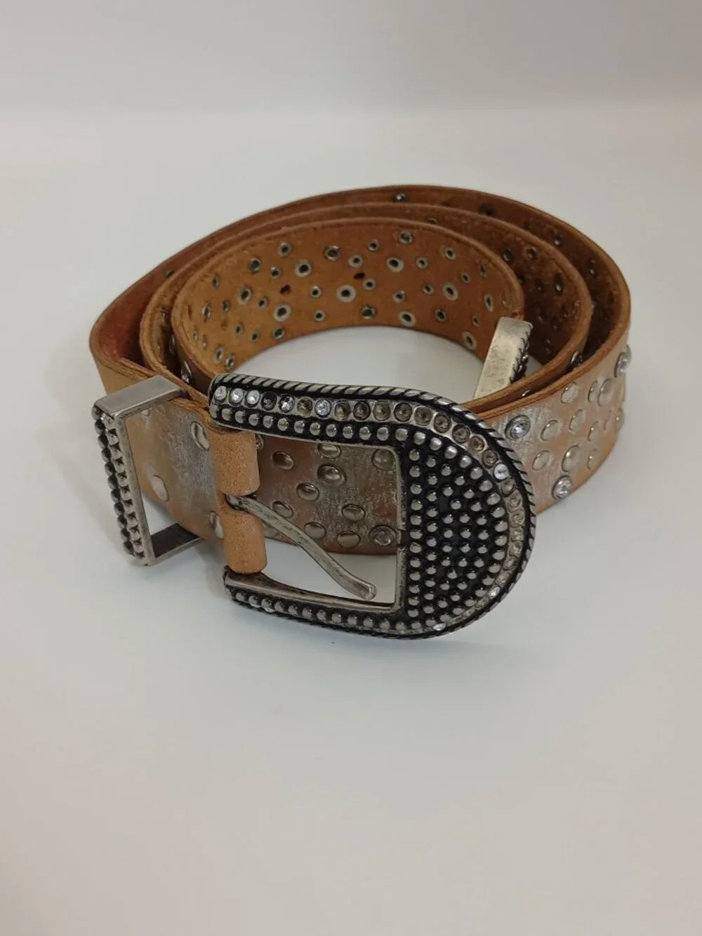 Y2K Arizona Jean Co Studded Leather Belt Silver Rhinestone Western Cyber Boho 37